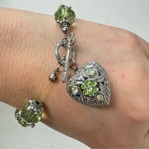 Silver Tone Heart Locket Bracelet Green Rhinestone & Crystal Beaded